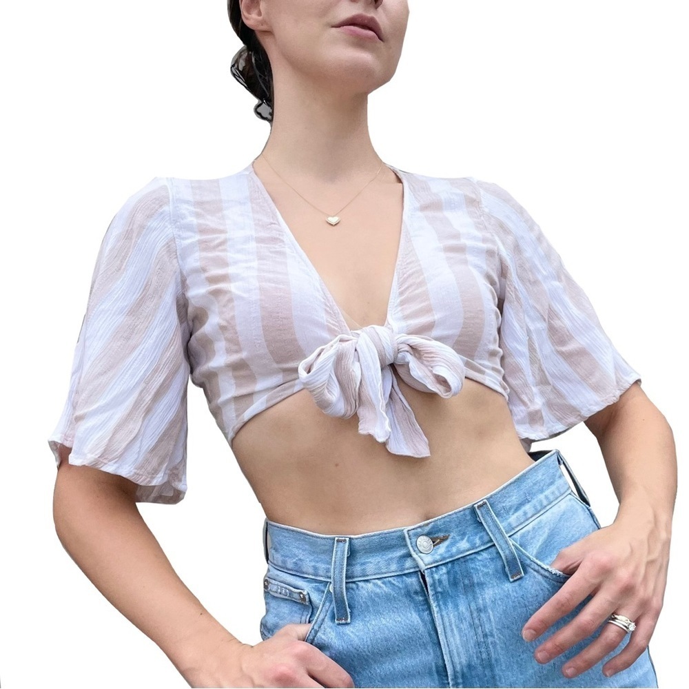American Eagle Coastal Beach Striped Tie Front Crop Top Size Small